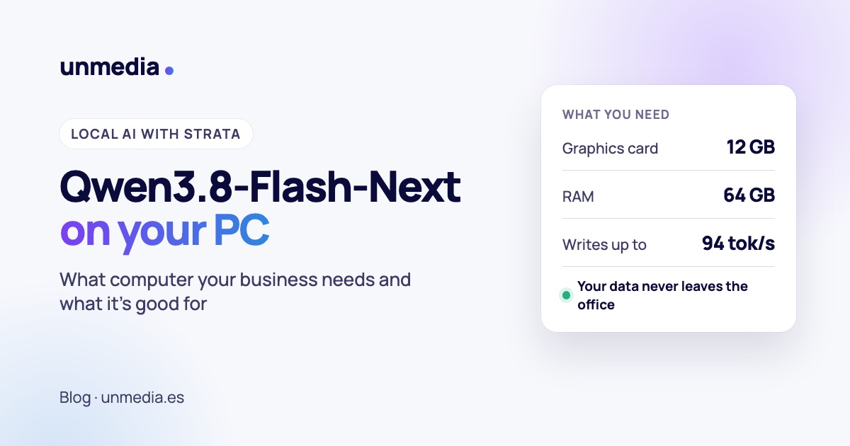 Qwen3.8-Flash-Next on your PC: 12 GB graphics card, 64 GB of RAM and up to 94 tokens per second, with your data never leaving the office