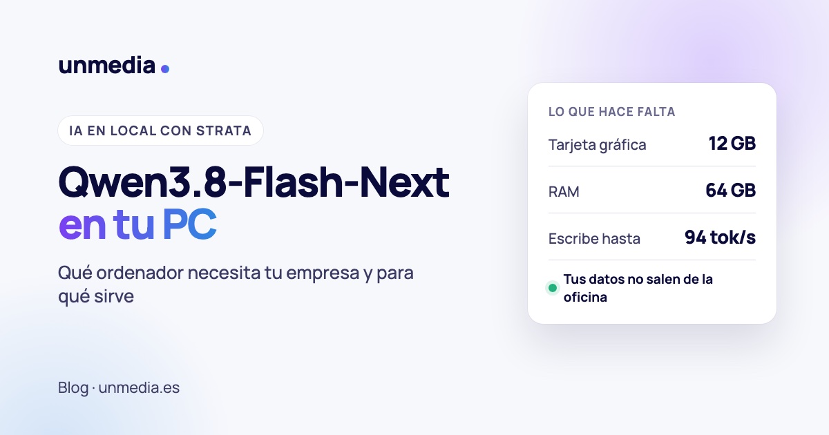 Qwen3.8-Flash-Next en tu PC: tarjeta gráfica de 12 GB, 64 GB de RAM y hasta 94 tokens por segundo, sin que los datos salgan de la oficina